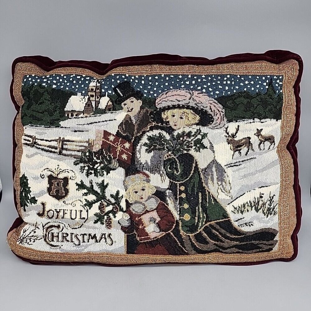 Vintage Tapestry Throw Pillow Victorian Needlepoint Winter Christmas Granny Core